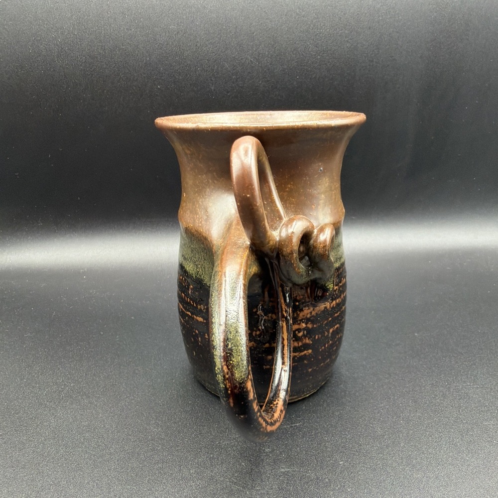 Handmade Wheel Thrown Stoneware Pottery Mug Earthy Tones Unique Handle 5" Tall - Picture 2 of 6